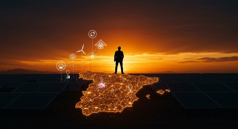 Líder en energía renovable en España destacando precios bajos en mercado energético durante crisis global, representación visual de transición y almacenamiento energético.