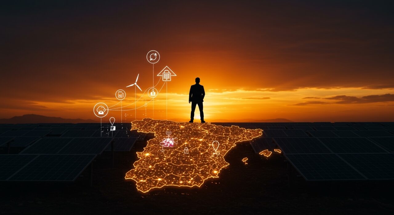 Líder en energía renovable en España destacando precios bajos en mercado energético durante crisis global, representación visual de transición y almacenamiento energético.