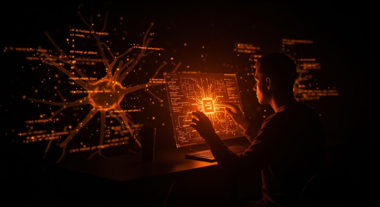 Desarrollador observando un plano digital que simboliza la generación automática de código desde especificaciones técnicas con IA aplicada.