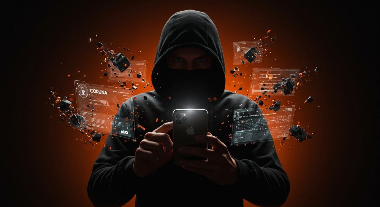 Escena impactante de espionaje digital con exploit kit Coruna utilizado en iPhone, destacando ciberseguridad y hacking iOS en contexto ruso y estadounidense.