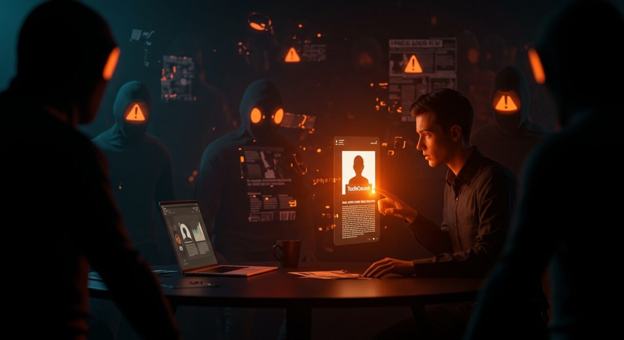 Estafas TechCrunch: protección para startups tech contra suplantación y fraudes digitales en medios, ilustrado con interacción digital bajo alerta naranja.