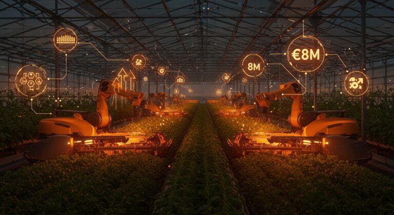 Robots autónomos agrícolas cosechando en invernaderos, representando la innovación y financiamiento en automatización agrícola y AgriTech.