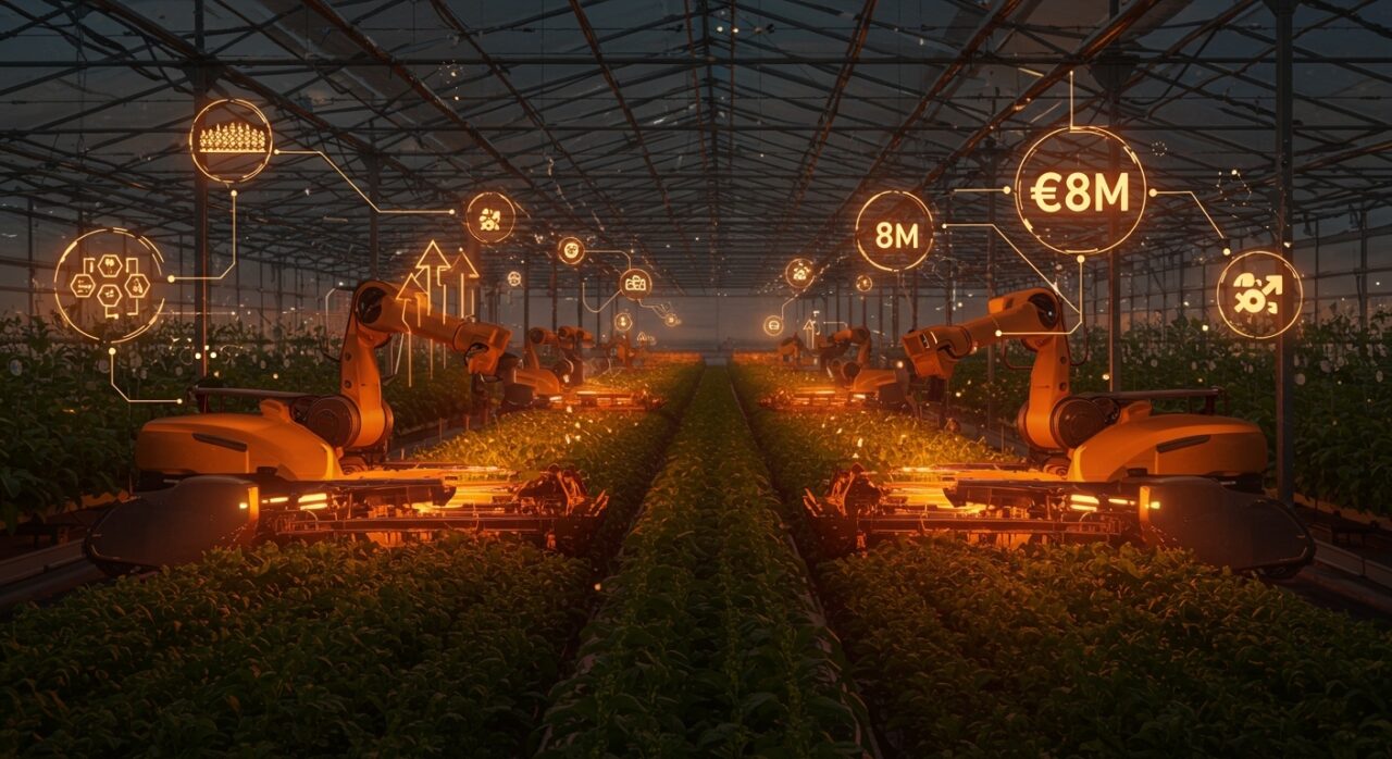 Robots autónomos agrícolas cosechando en invernaderos, representando la innovación y financiamiento en automatización agrícola y AgriTech.