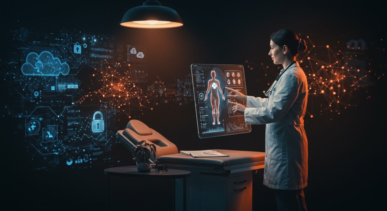 Digitalización de clínicas con IA aplicada en salud y tecnología SaaS en Europa, destacando seguridad de datos médicos y automatización médica.