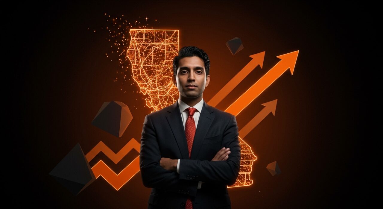 Retrato de Ethan Agarwal con mapa digital de California que simboliza su visión política divisiva en el ecosistema tech startup.