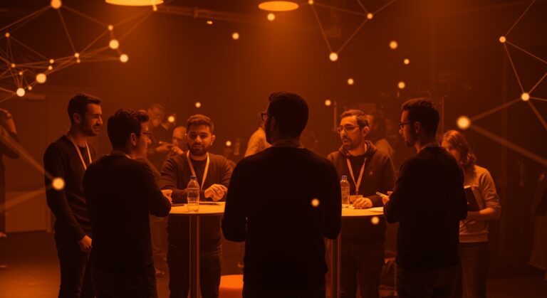 Networking tech entre fundadores de startups en Malta durante el EU-Startups Summit 2026 con ambiente dinámico y tecnológico.