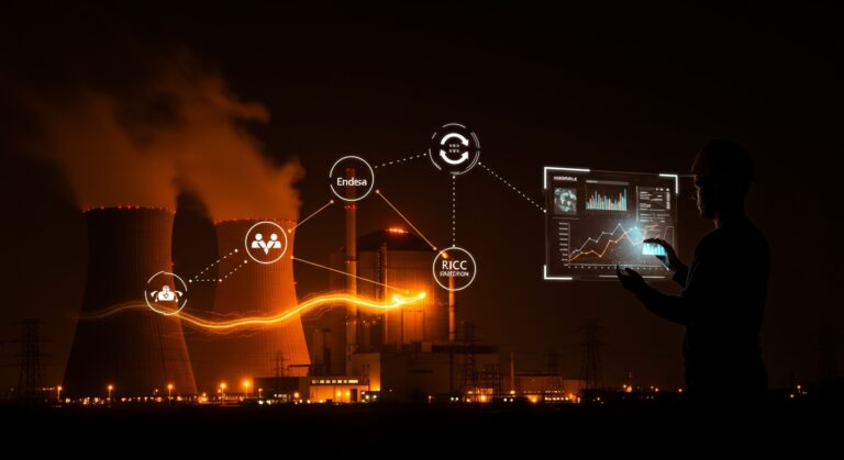 Planta nuclear de Almaraz iluminada y emprendedor tecnológico analizando data energética, representando el impulso europeo en energía nuclear y la transición energética en España.