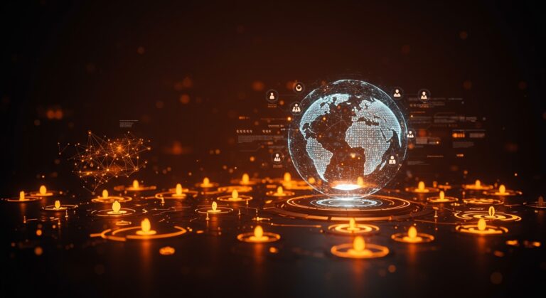 Infraestructura social europea Eurosky basada en AT Protocol, simbolizando soberanía digital e interoperabilidad para startups como alternativa a Big Tech.