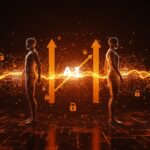 Figuras futuristas de IA simbolizando a Anthropic y OpenAI con flujos de datos holográficos y metáforas visuales de innovación y ciberseguridad en inteligencia artificial.