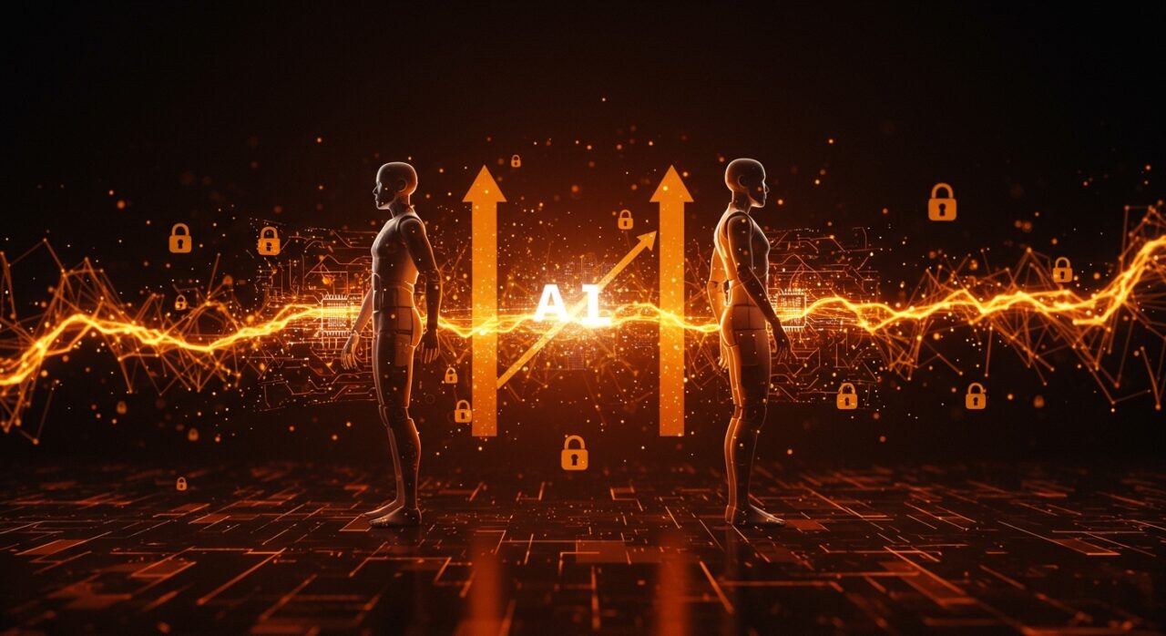 Figuras futuristas de IA simbolizando a Anthropic y OpenAI con flujos de datos holográficos y metáforas visuales de innovación y ciberseguridad en inteligencia artificial.