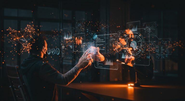 Desarrollador interactuando con código holográfico que representa executable oracles y LLMs para mejorar la calidad de código en startups tecnológicas.