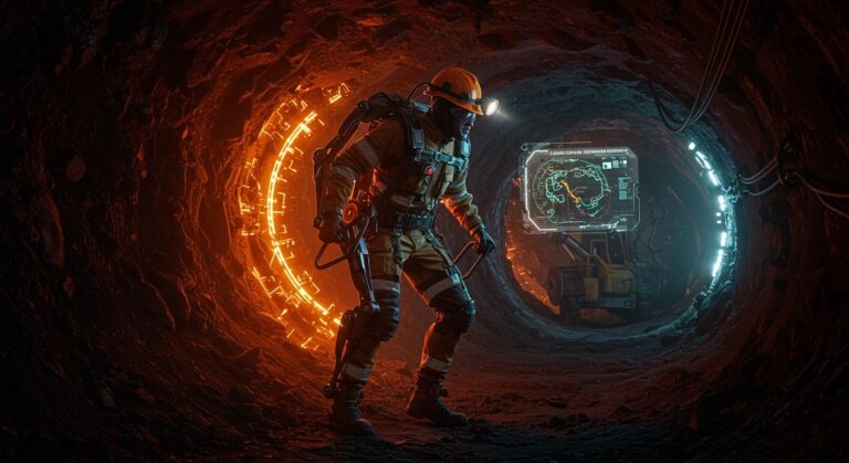 Trabajador minero con exoesqueleto industrial de Andes Levers en proyecto El Pachón, mostrando innovación y salud ocupacional en minería LATAM.