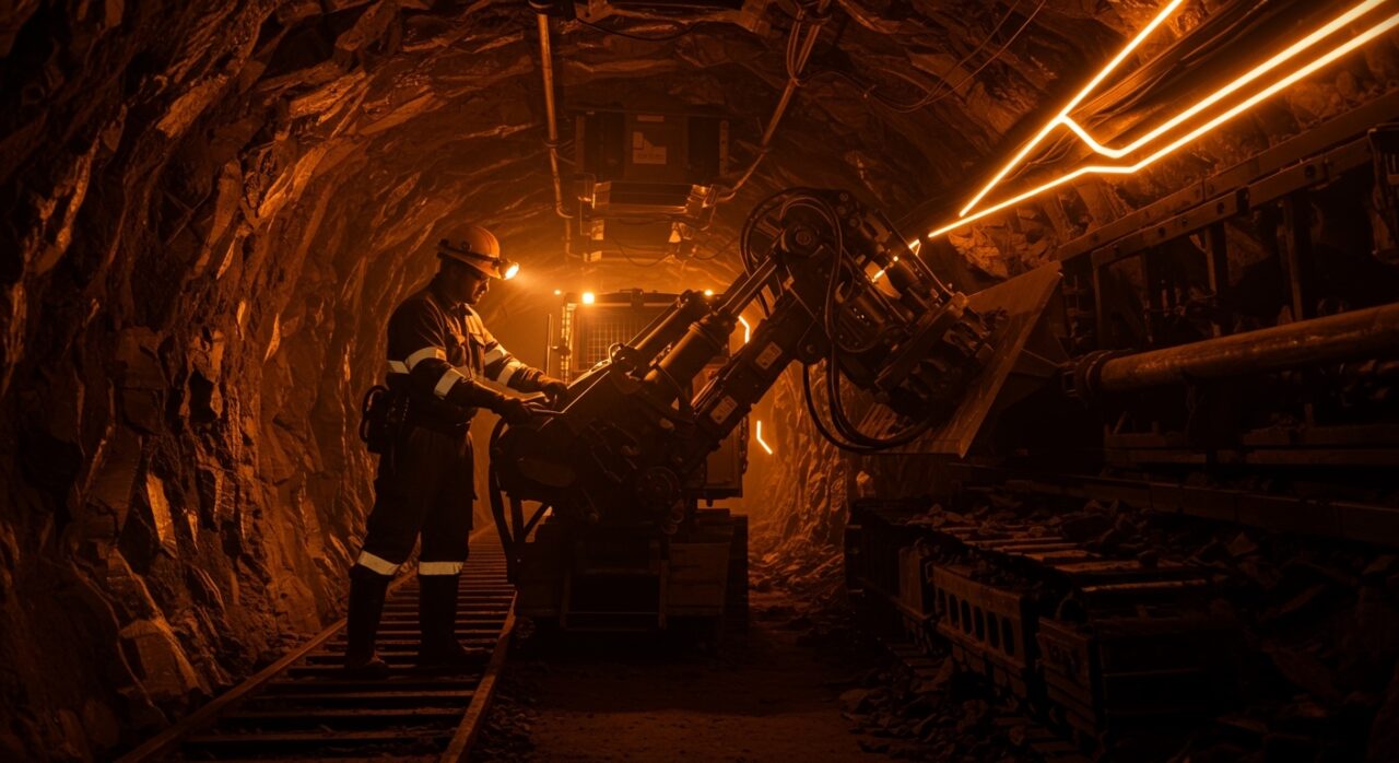 Operario minero usando exoesqueleto industrial en proyecto El Pachón, destacando innovación tecnológica y salud ocupacional en minería LatAm.