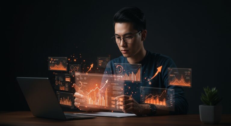 Diseñador UX interactuando con interfaces web holográficas que ilustran la experiencia de usuario y monetización en medios digitales.