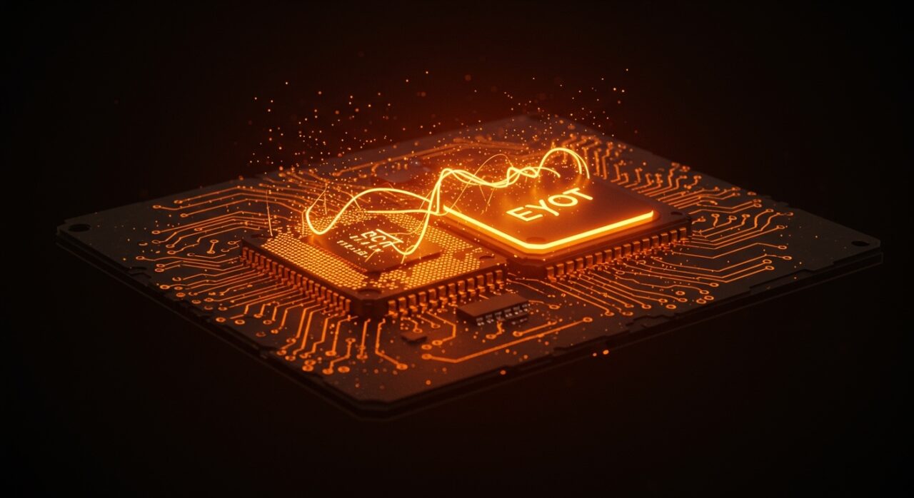 Visualización estilizada del lenguaje de programación Eyot tratando al GPU como un hilo de CPU, destacando su uso en IA, desarrollo de juegos y análisis numérico.