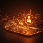 Interfaz digital futurista de red social europea con fact-checking en tiempo real y financiación startup destacada.