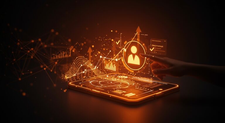 Interfaz digital futurista de red social europea con fact-checking en tiempo real y financiación startup destacada.