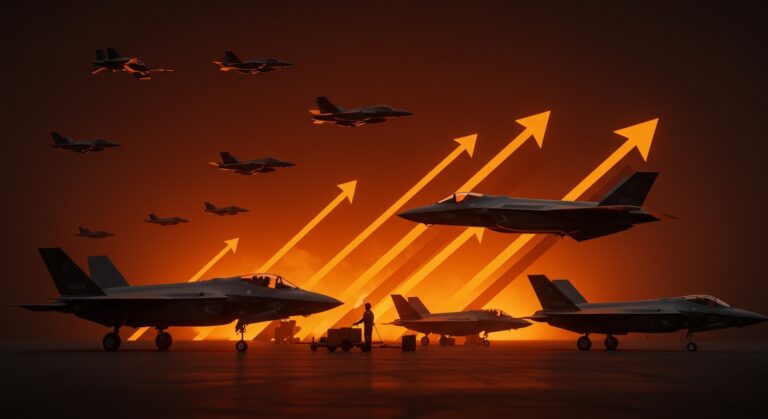 Comparativa visual de producción industrial de cazas entre China y Estados Unidos destacando el desafío estratégico del F-35.