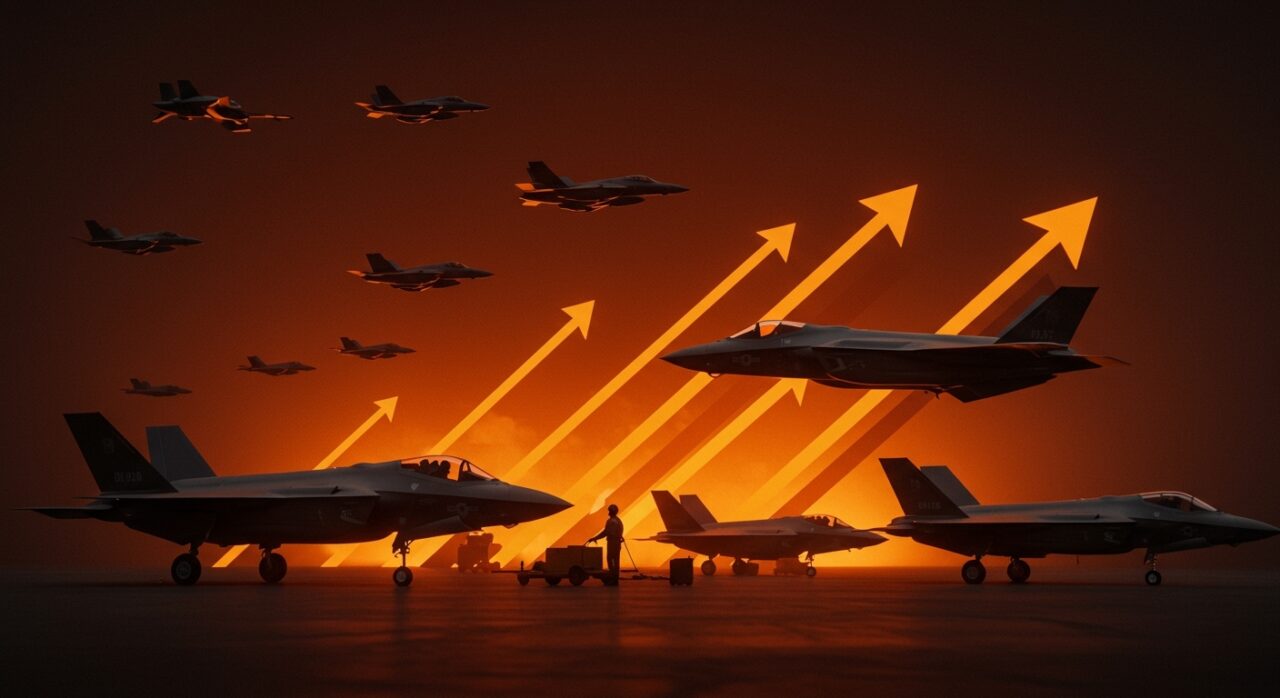 Comparativa visual de producción industrial de cazas entre China y Estados Unidos destacando el desafío estratégico del F-35.