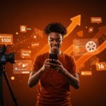 Creador de contenido en Facebook produciendo Reels originales con símbolos digitales que representan monetización y crecimiento en plataformas sociales.