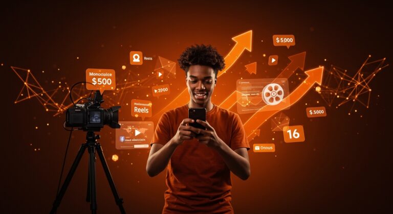 Creador de contenido en Facebook produciendo Reels originales con símbolos digitales que representan monetización y crecimiento en plataformas sociales.