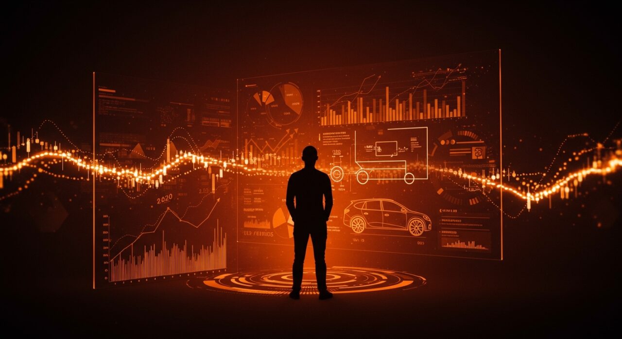 Fundador de startup frente a pantalla futurista con gráficos de financiación y vehículos eléctricos tras cierre de investigación SEC sin sanciones.