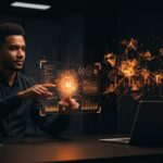 Fundador de startup interactuando con interfaz holográfica de IA aplicada y automatización, destacando el framework ágil FastMCP para startups LATAM.