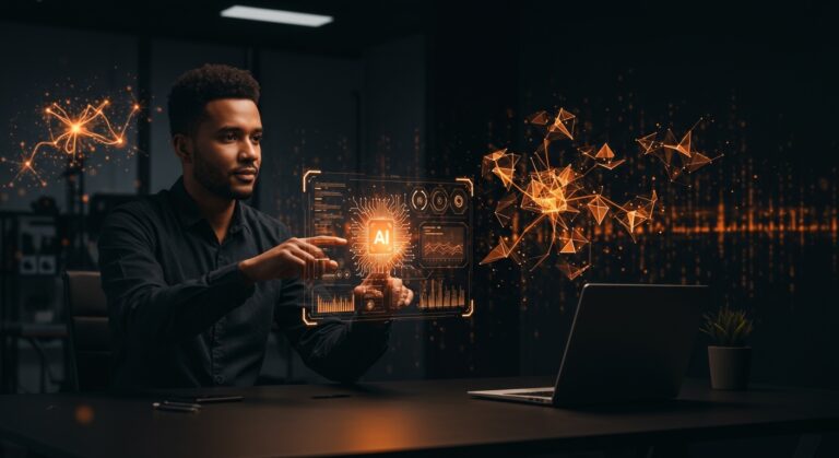 Fundador de startup interactuando con interfaz holográfica de IA aplicada y automatización, destacando el framework ágil FastMCP para startups LATAM.