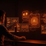 Framework FastMCP para IA aplicada y automatización, mostrando un fundador tecnológico trabajando con datos y modelos contextuales en un ambiente digital futurista.