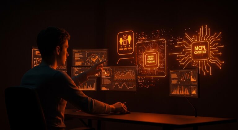 Framework FastMCP para IA aplicada y automatización, mostrando un fundador tecnológico trabajando con datos y modelos contextuales en un ambiente digital futurista.