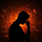 Fundador de startup enfrentando fatiga por inteligencia artificial, con redes neuronales abstractas y símbolos de productividad en 2026.