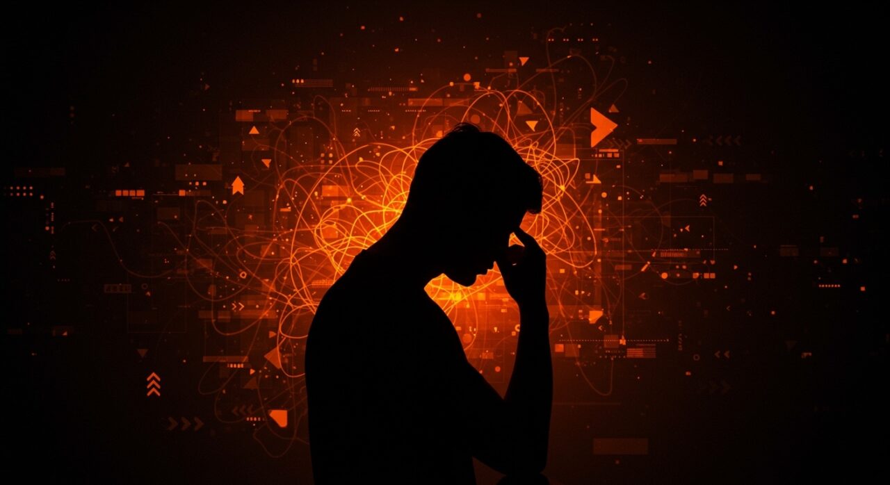 Fundador de startup enfrentando fatiga por inteligencia artificial, con redes neuronales abstractas y símbolos de productividad en 2026.