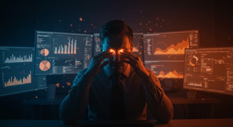 Fatiga visual digital en trabajadores de escritorio afectando la productividad en startups, con enfoque en salud visual y bienestar laboral.