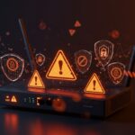 Router moderno con iconos de advertencia y candados holográficos representando la prohibición de importación y riesgos de seguridad para startups tecnológicas.