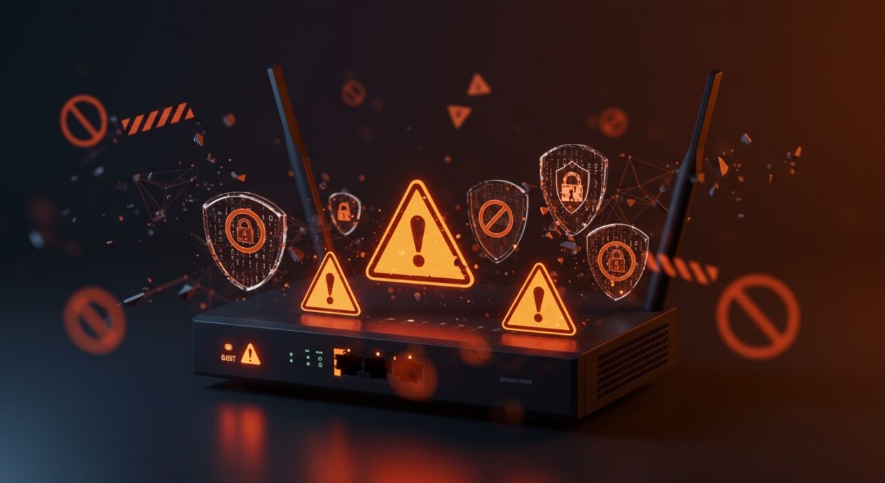 Router moderno con iconos de advertencia y candados holográficos representando la prohibición de importación y riesgos de seguridad para startups tecnológicas.