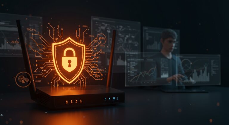 Router moderno protegido con iconos de seguridad representando la regulación FCC y el impacto en startups de tecnología.
