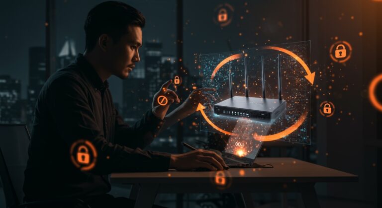 Router moderno con elementos visuales de ciberseguridad y regulaciones FCC impactando a startups en EE.UU.