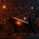 Router moderno iluminado en tonos naranja y negro, simbolizando la regulación FCC y su impacto en la ciberseguridad y startups tecnológicas.