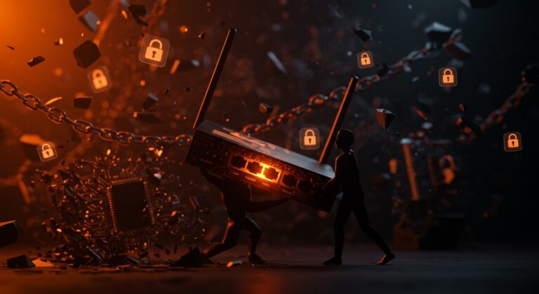 Router moderno iluminado en tonos naranja y negro, simbolizando la regulación FCC y su impacto en la ciberseguridad y startups tecnológicas.