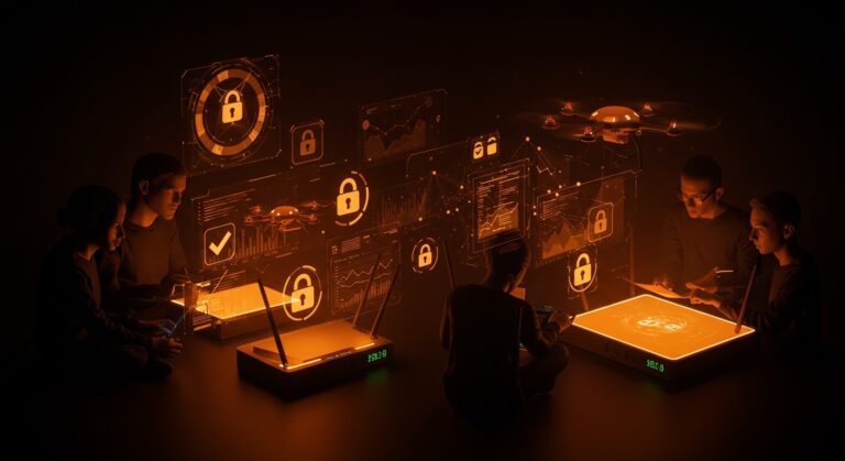 Startups tech analizando routers y drones en un entorno digital con énfasis en regulación FCC y cumplimiento de seguridad.