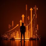 Liderazgo en telecomunicaciones ilustrado con silueta de líder frente a red digital futurista en tonos naranja y negro para ecosistema startup.