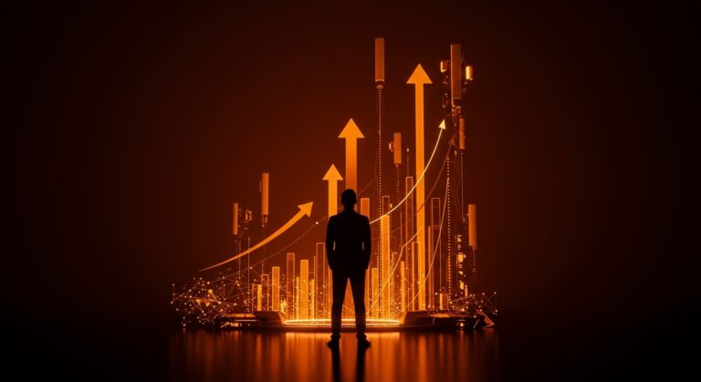 Liderazgo en telecomunicaciones ilustrado con silueta de líder frente a red digital futurista en tonos naranja y negro para ecosistema startup.