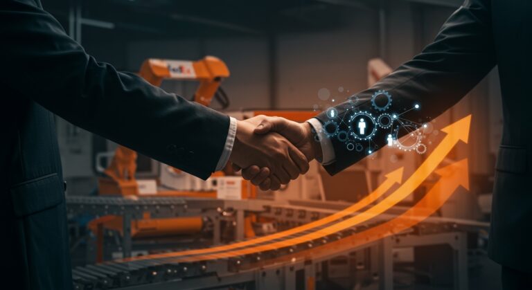 Representación visual de alianzas estratégicas y automatización en FedEx con maquinaria futurista y tecnología innovadora.