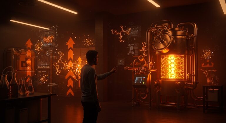 Founder en laboratorio tecnológico con fermentación continua, simbolizando biotecnología innovadora y escalabilidad en startups disruptivas.