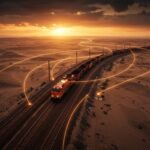 Ferrocarril China-Mongolia en el Gobi, mostrando el impacto en logística y comercio de materias primas en Asia.