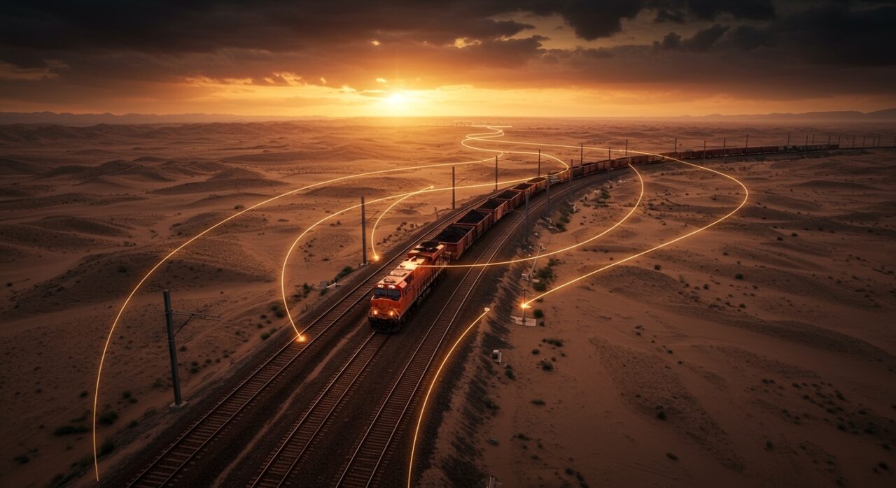 Ferrocarril China-Mongolia en el Gobi, mostrando el impacto en logística y comercio de materias primas en Asia.
