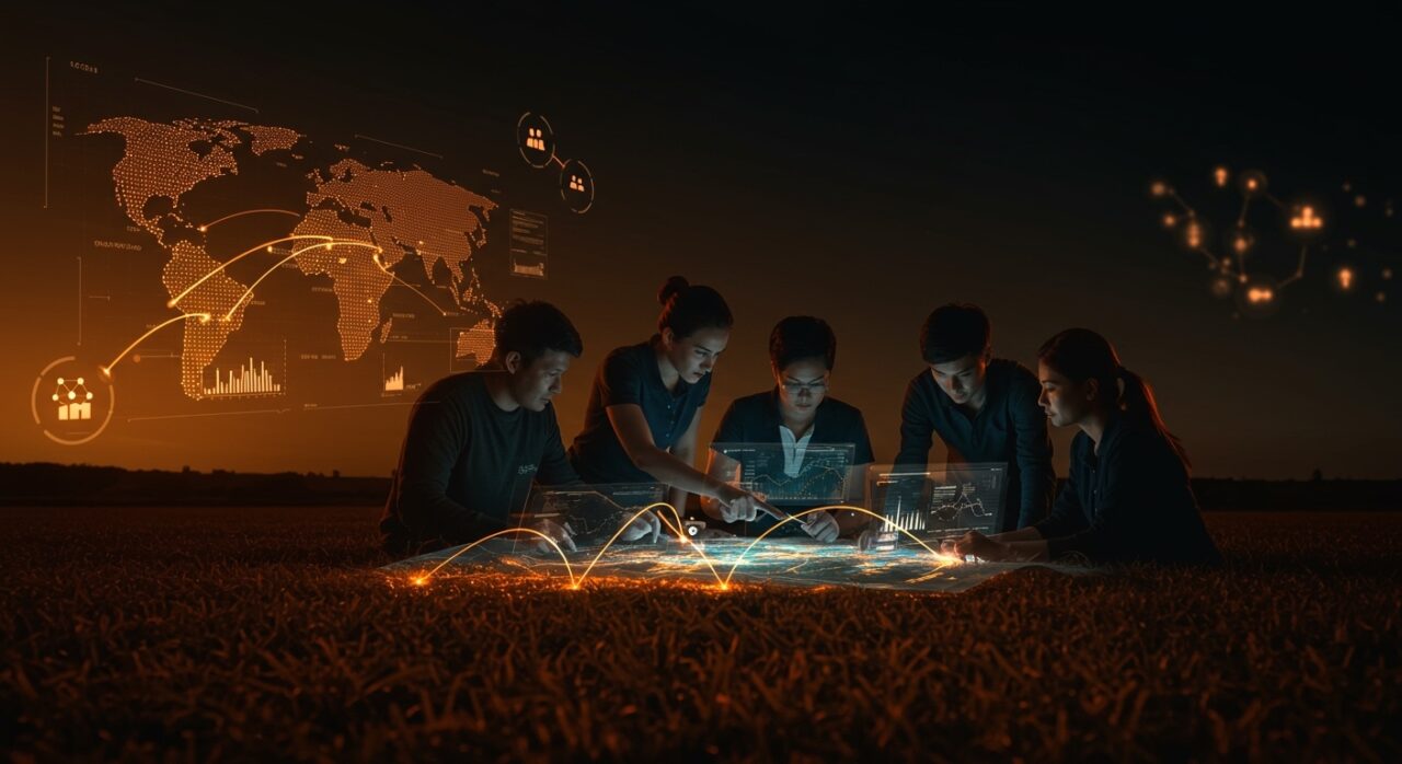 Startups agrícolas y seguridad alimentaria representadas con mapas digitales y elementos que simbolizan la geopolítica del suministro de fertilizantes en 2026.