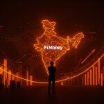 Cierre del neobank Fi Money en India representado con un líder fintech frente a un mapa digital y flujos de datos en tonos naranja y negro, destacando lecciones para la banca digital en LATAM.