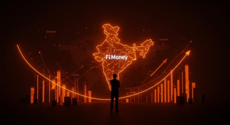 Cierre del neobank Fi Money en India representado con un líder fintech frente a un mapa digital y flujos de datos en tonos naranja y negro, destacando lecciones para la banca digital en LATAM.