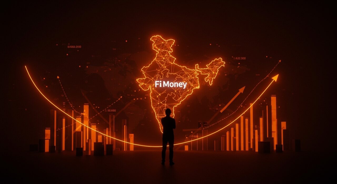 Cierre del neobank Fi Money en India representado con un líder fintech frente a un mapa digital y flujos de datos en tonos naranja y negro, destacando lecciones para la banca digital en LATAM.